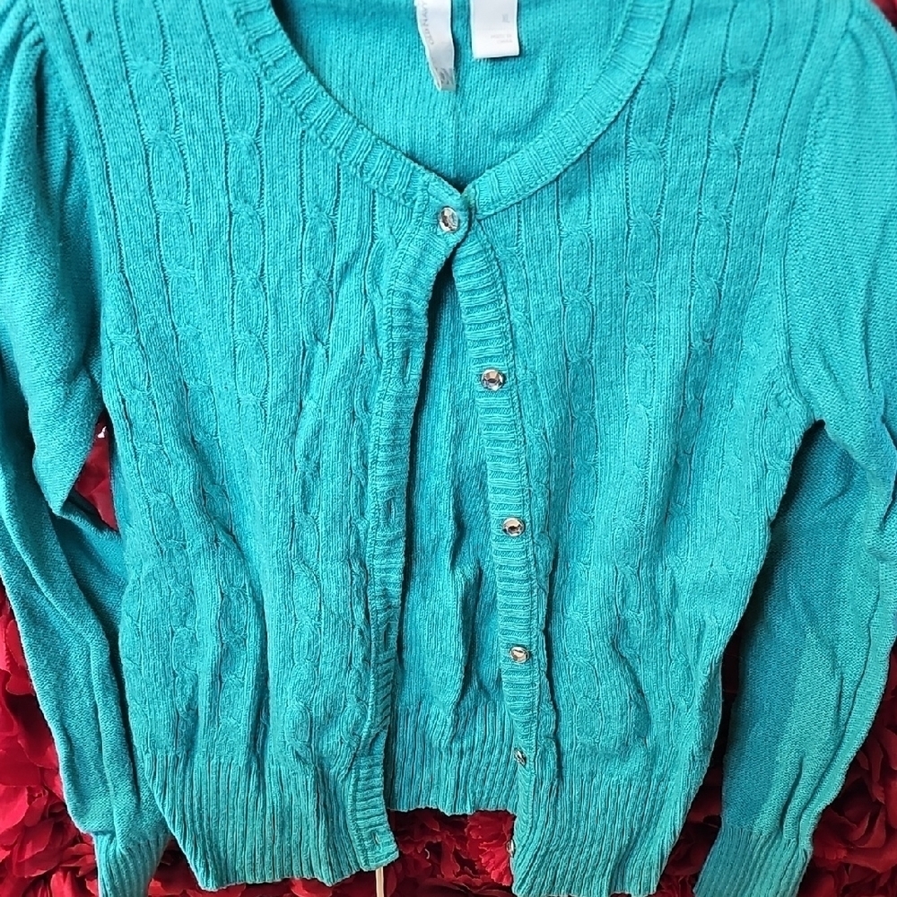 Old Navy Teal Cable Knit Girl's Button Up Sweater Size Xlarge